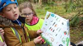 Young children inspect a wildlife infographic outdoors.