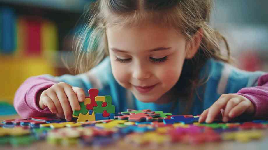 Child focused on assembling a puzzle.