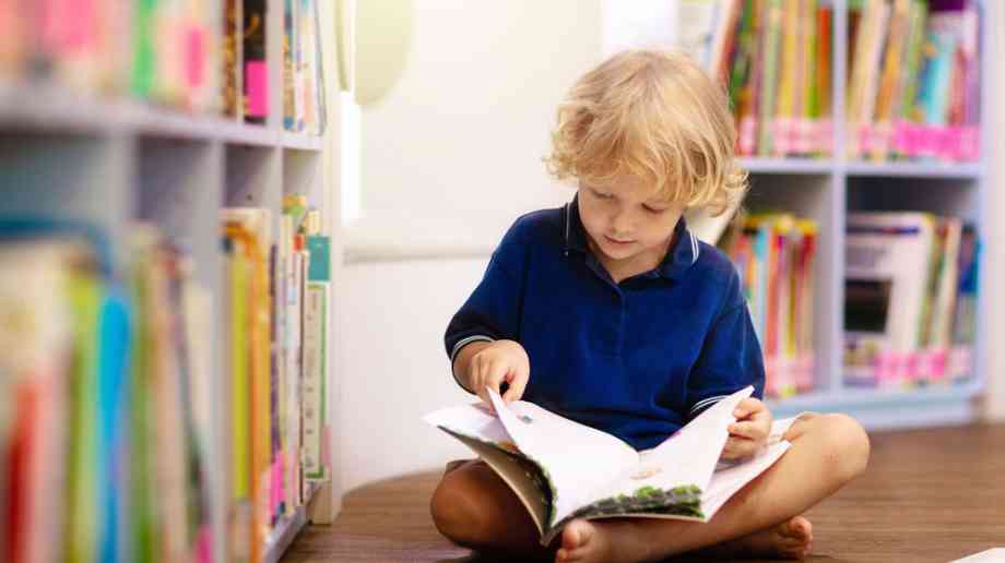 Little boy reading in a library.