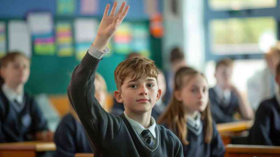 Young boy with his hand raised in a classroom.