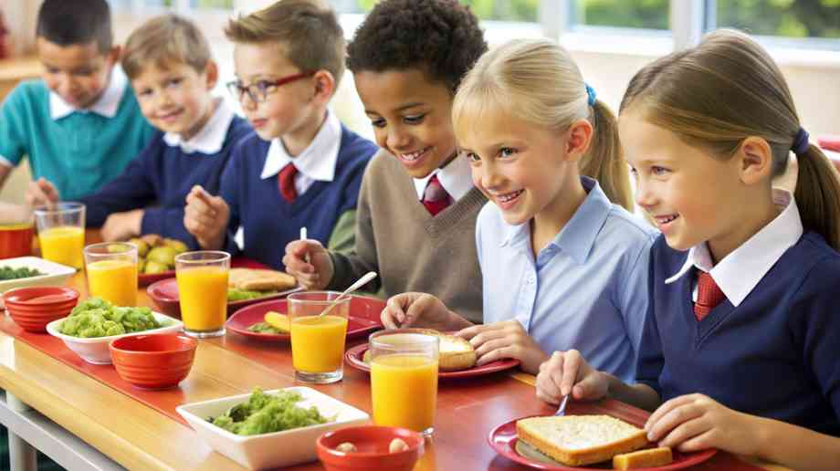 Schoolchildren eating breakfast.