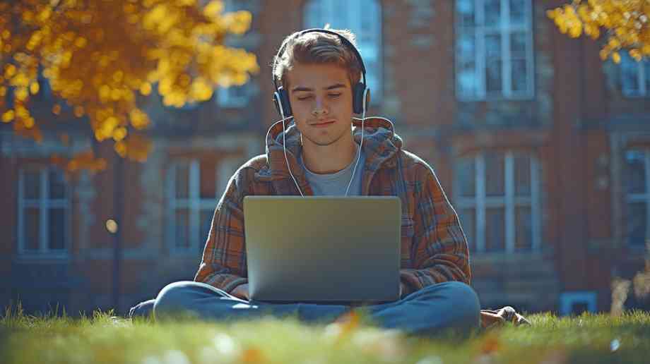 Young man studying on laptop outside